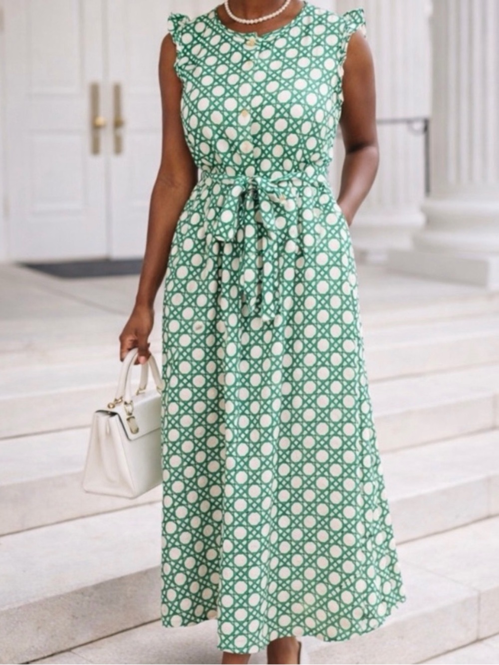 Ann Taylor Green and White Sleeveless Midi Dress